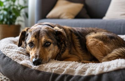 A gentle rescue dog resting safely on a bed at home