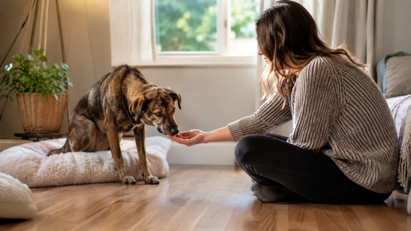 Building trust by gently hand-feeding a shy rescue dog