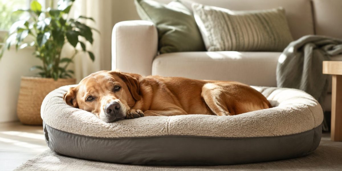 A calm relaxed dog resting alone at home
