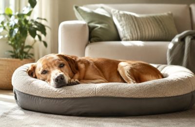 A calm relaxed dog resting alone at home