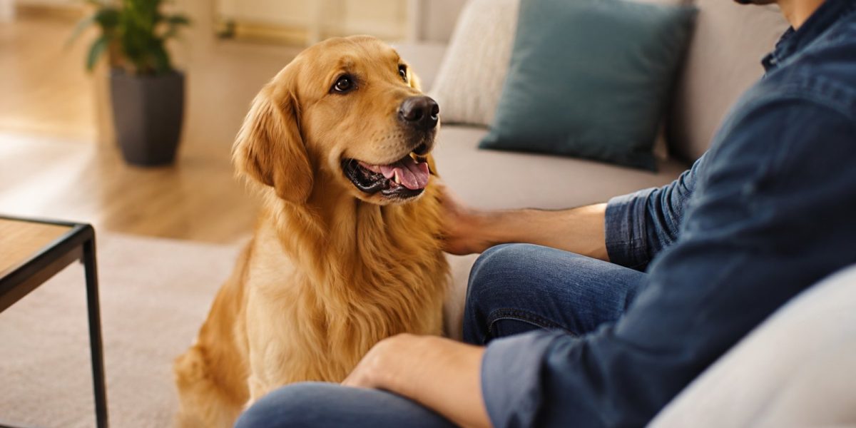 A calm dog sitting quietly next to its owner during a training session at home