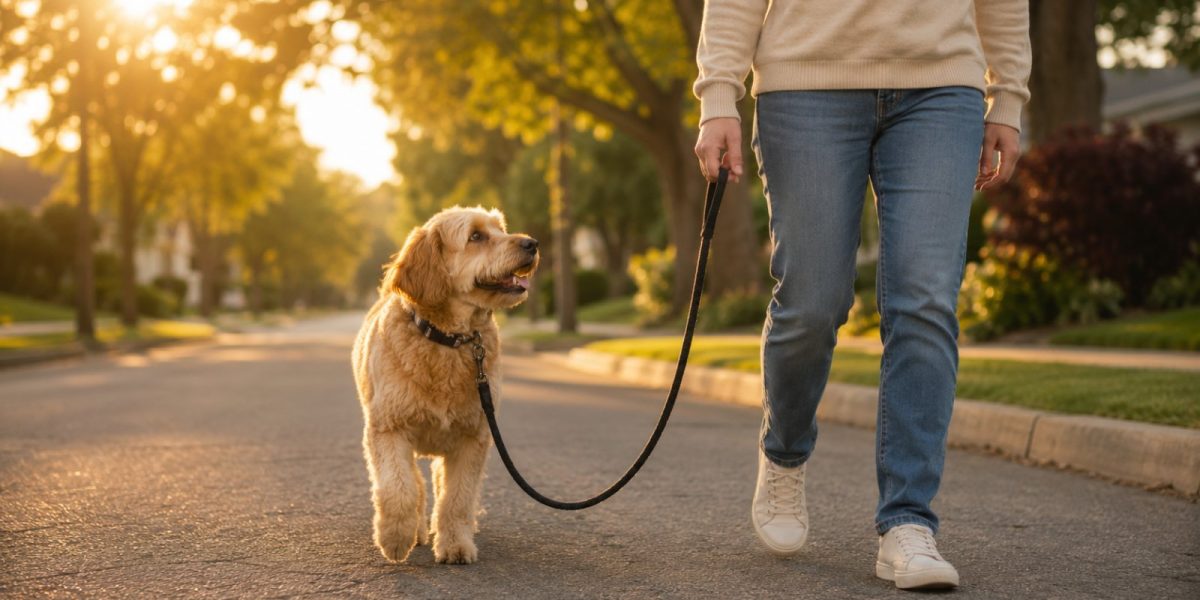 A dog walking politely on a loose leash beside its owner