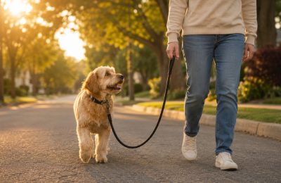 A dog walking politely on a loose leash beside its owner