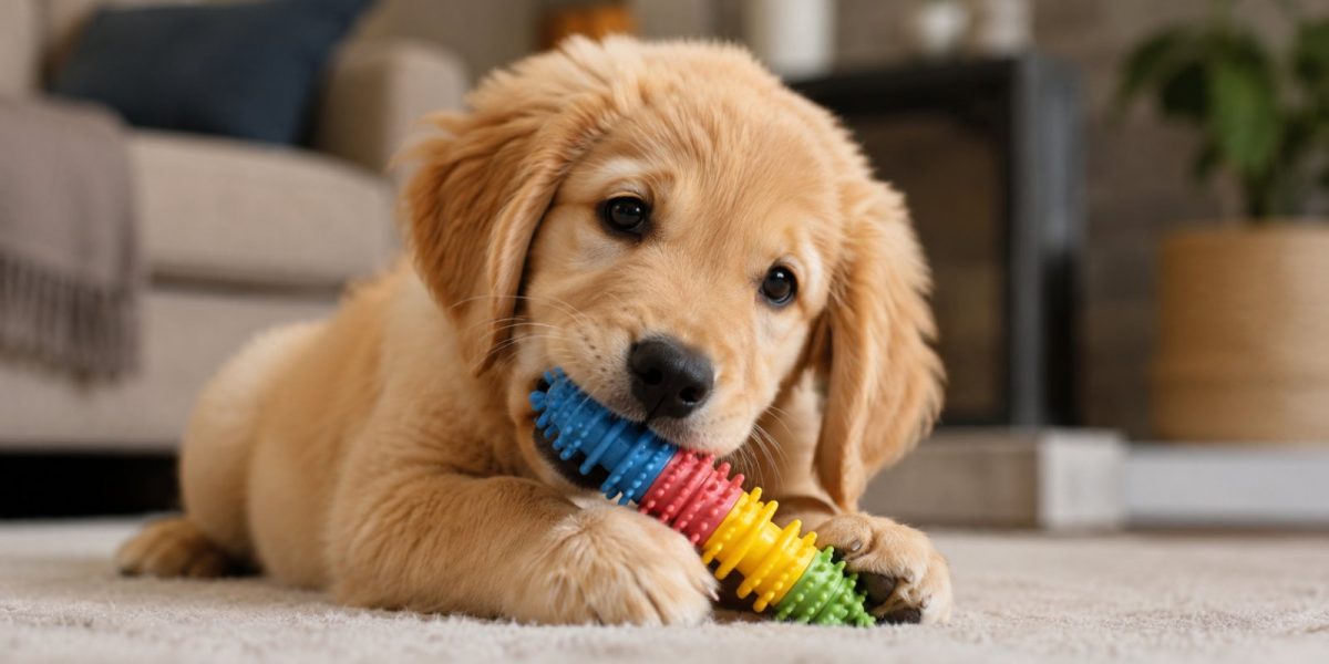 A puppy chewing a toy instead of hands after bite training