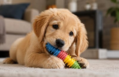 A puppy chewing a toy instead of hands after bite training